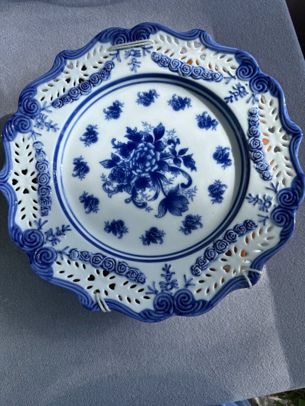 Vintage Cracker Barrel Blue and White 13.25" Round Torte Plate - Pierced Rim